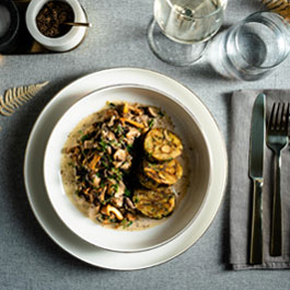 Mushroom ragout with pretzel dumplings and herbs