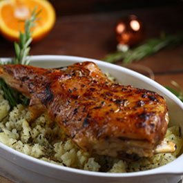 Orange and cumin leg of lamb with rosemary crushed potatoes & orange salt