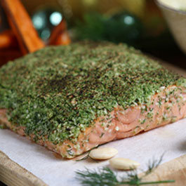 Almond and Dill crusted salmon with creamed Brussels sprouts & anchovy