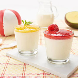 Panna cotta with raspberry and mango purée