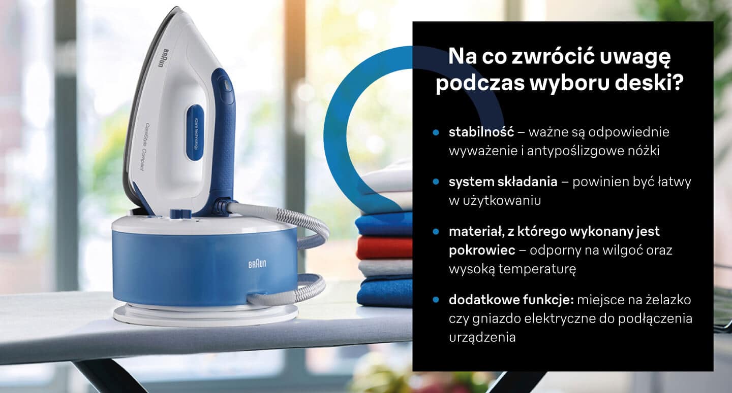 Na co zwrócić uwagę podczas wyboru deski? Stabilność, system składania, materiał z którego wykonany jest pokrowiec, dodatkowe funkcje - infografika