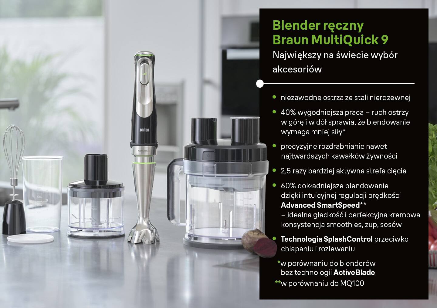 Blender ręczny Braun MultiQuick 9 - niezawodne ostrza, wygodniejsza praca, precyzyjne rozdrabnianie, dokładniejsze blendowanie, technologia splash control - infografika