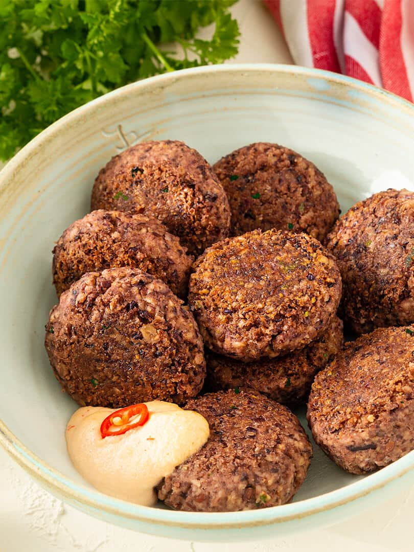 Black bean “meatballs” with cashew dip.