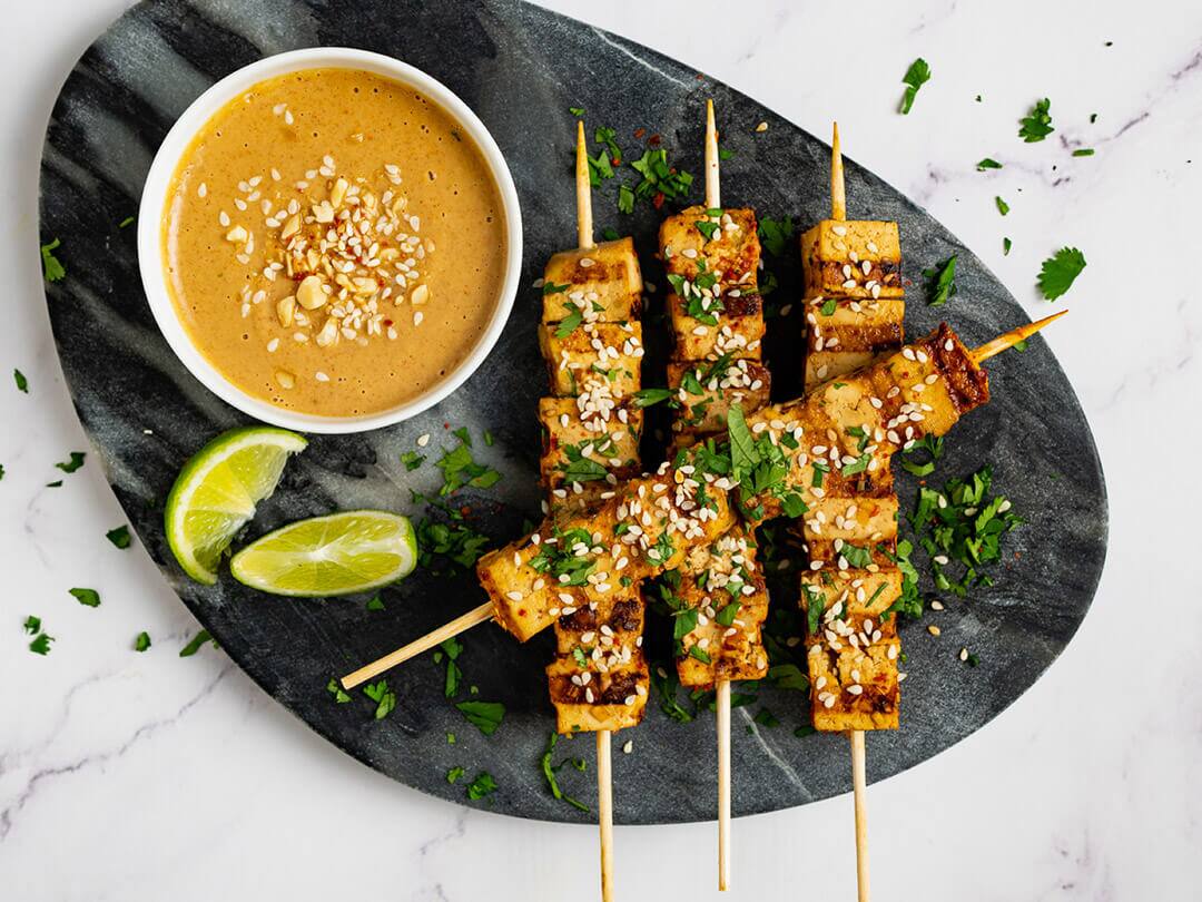 Day 1: Tofu skewers thai style with peanut dip.