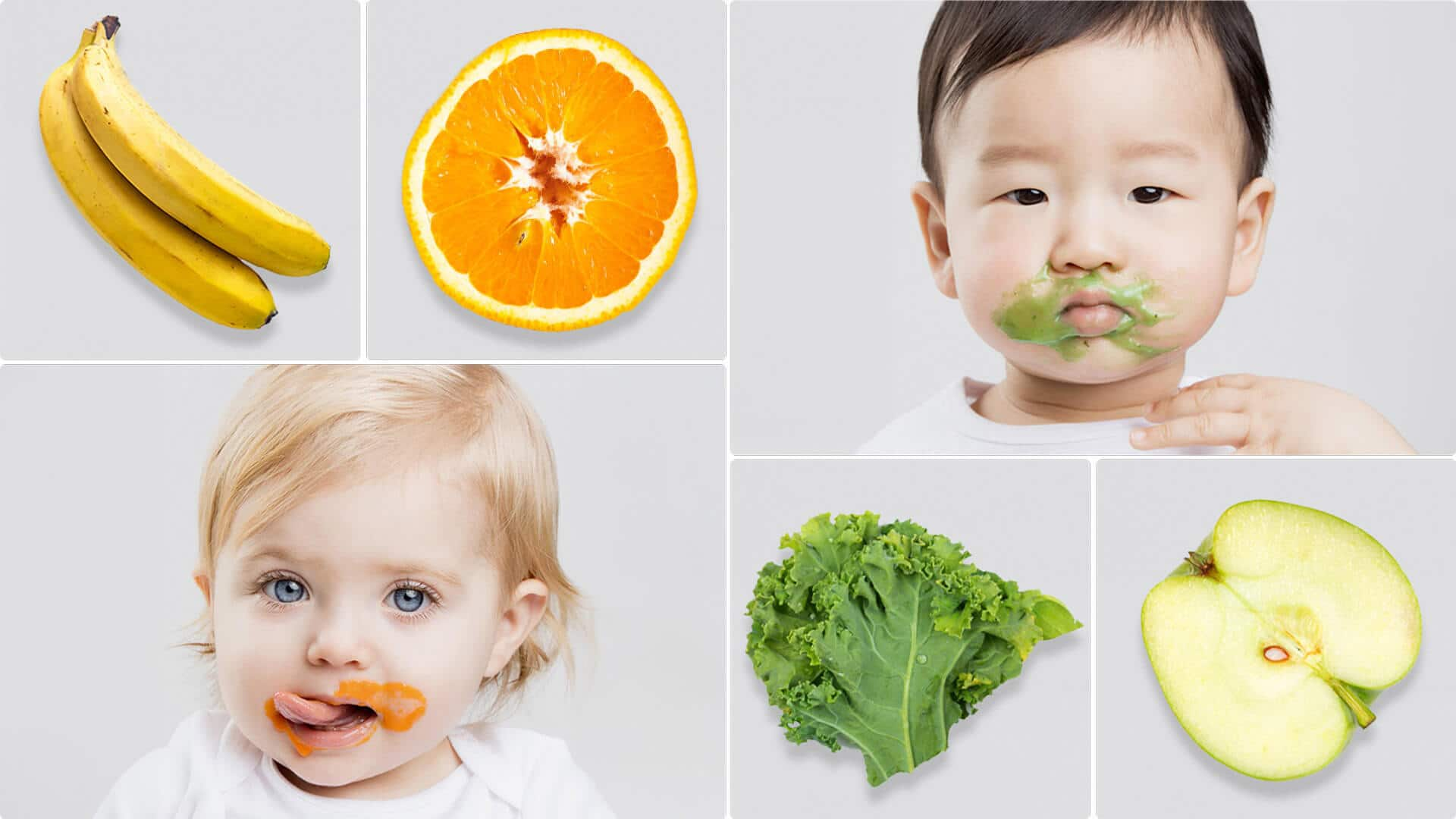 2 babies with leftover porridge around their mouths and pictures of bananas, oranges etc