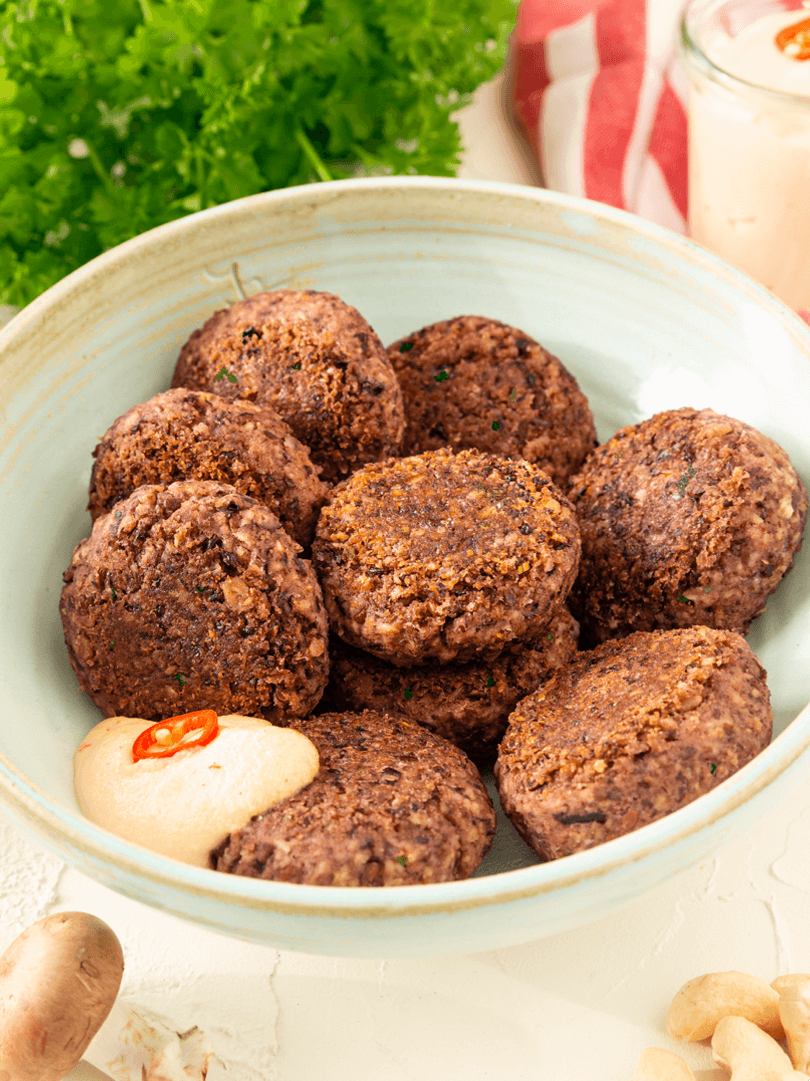 Black bean "meatballs" with cashew dip