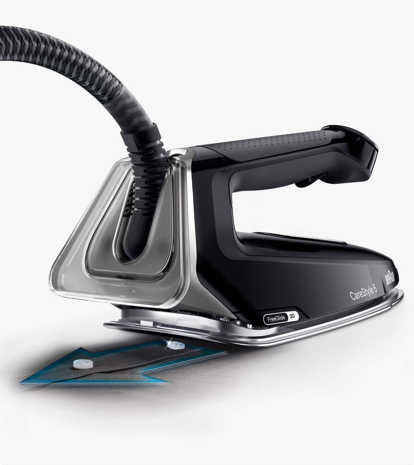 Braun CareStyle 5 Steam generating iron, purple, in use . Badge "Ergonomics certified" by ERGOCERT in right top corner