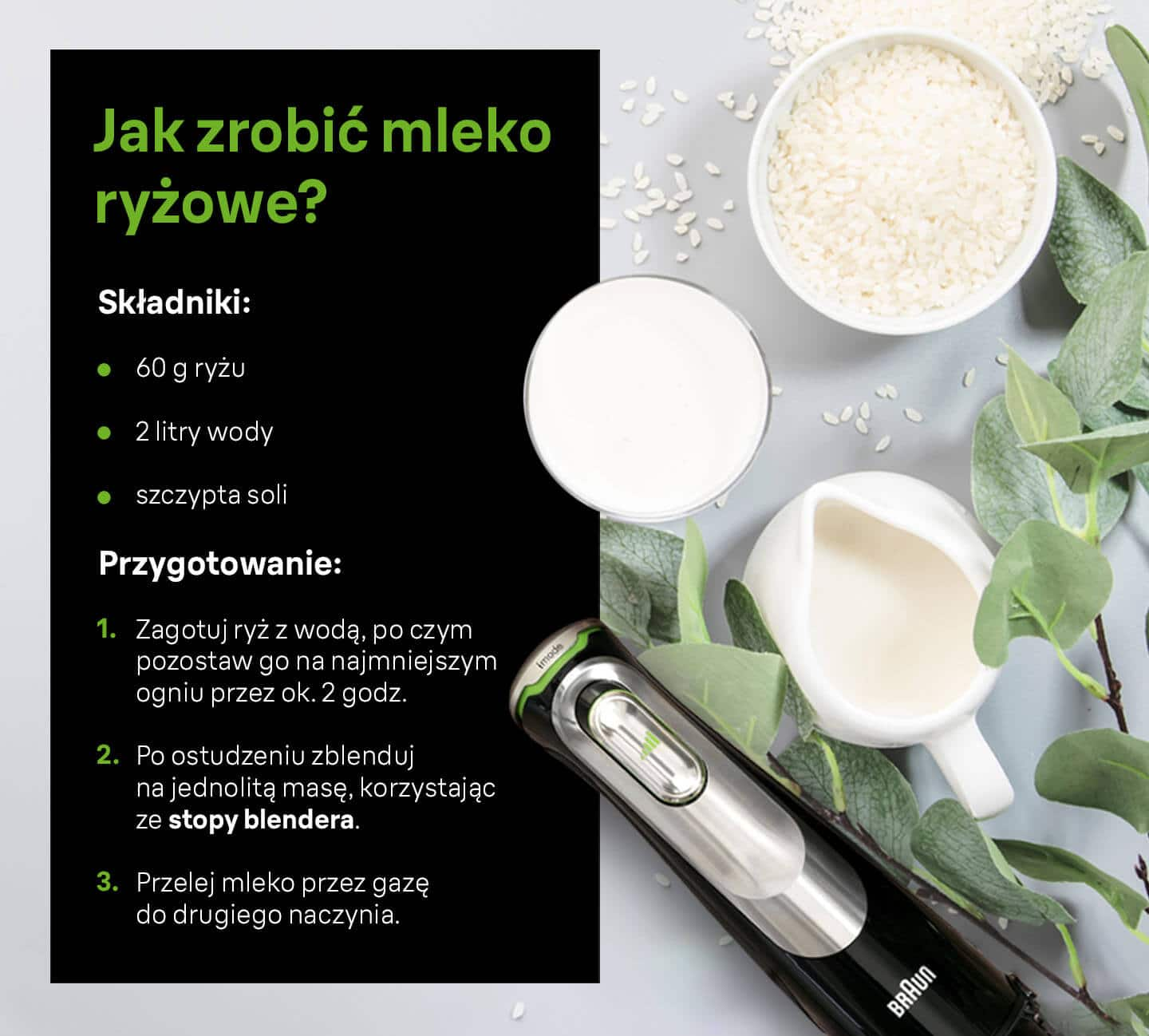 Jak zrobić mleko ryżowe? Potrzebne składniki i sposób przygotowania - infografika