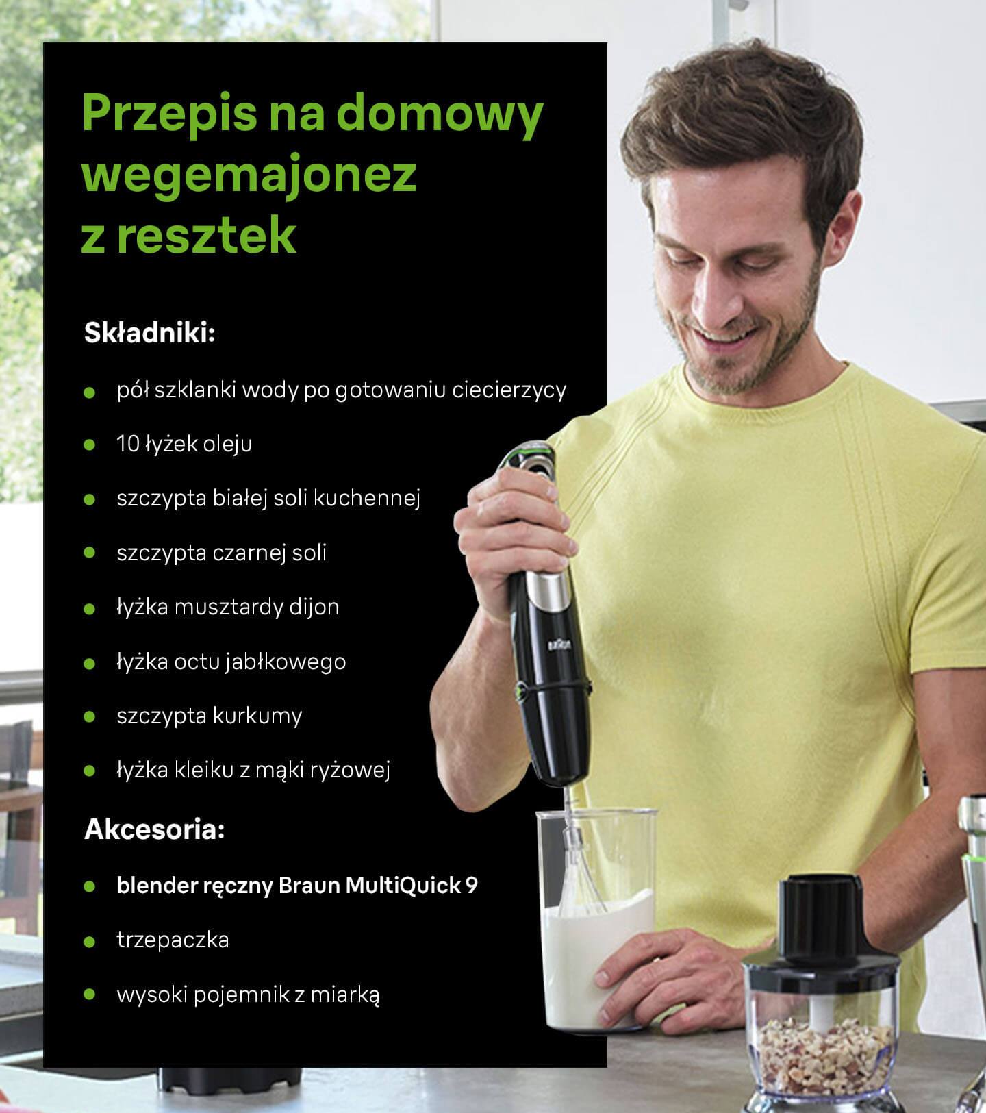 Przepis na domowy wegemajonez z resztek - składniki i niezbędne akcesoria - infografika