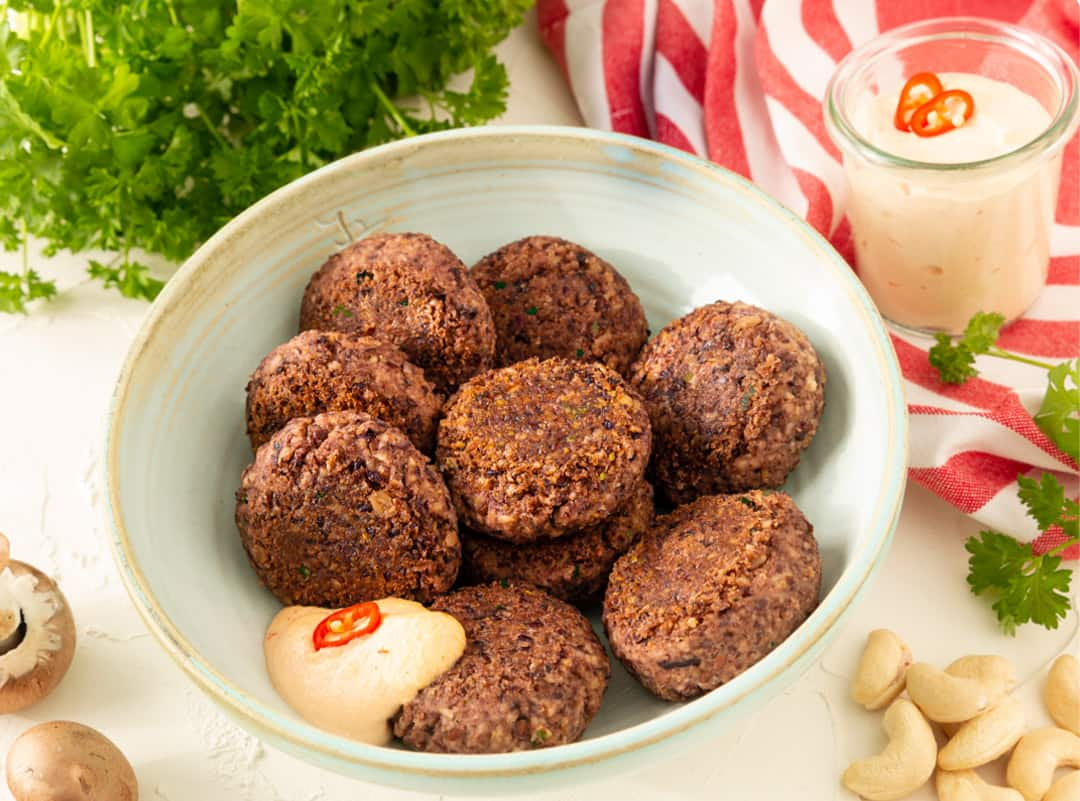 Black bean “meatballs” with cashew dip