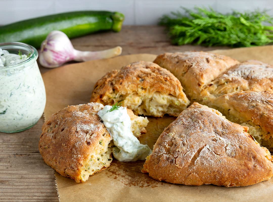 Zucchini Feta Scones with Tzatziki-Dip