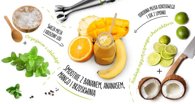 smoothie z bananem, ananasem, mango i brzoskwinią